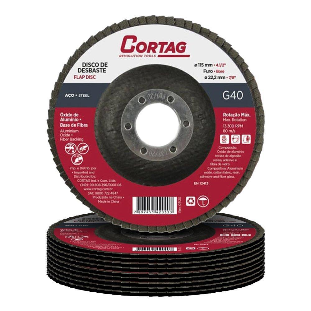 10 Discos Flap Cortag 115mm 4.1/2" G40 - Furo 22,22mm Óxido de Alumínio Fibra