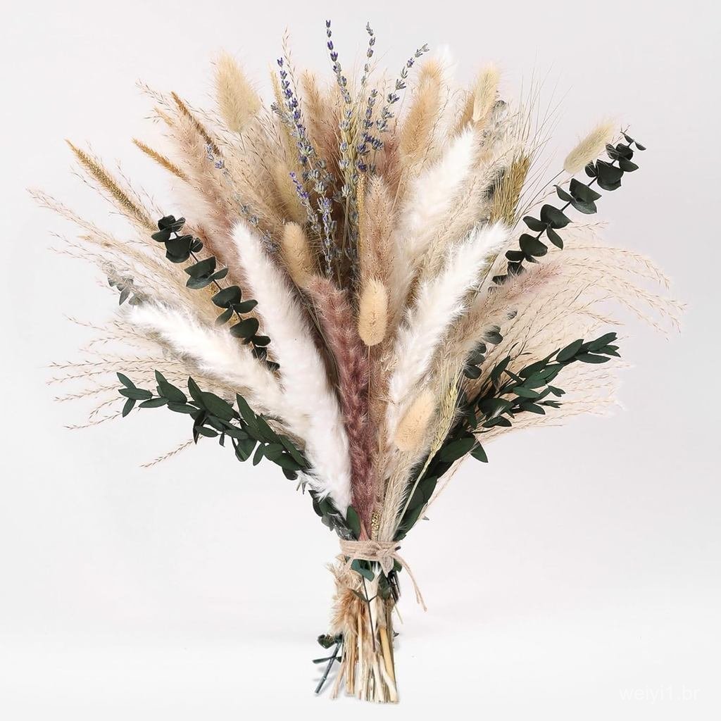 Bouquet de Capim-dos-Pampas Seco Bpole - 92 Peças de Capim-dos-Pampas de 11-13 polegadas com Caudas de Coelho, Eucalipto