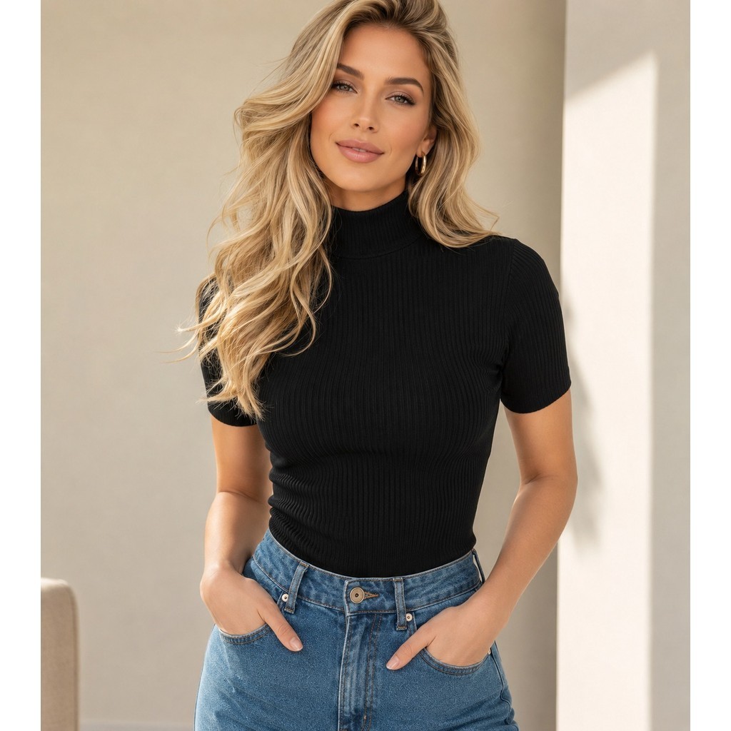 blusa feminina canelada gola alta manga curta justinha elastano estica top lançamento