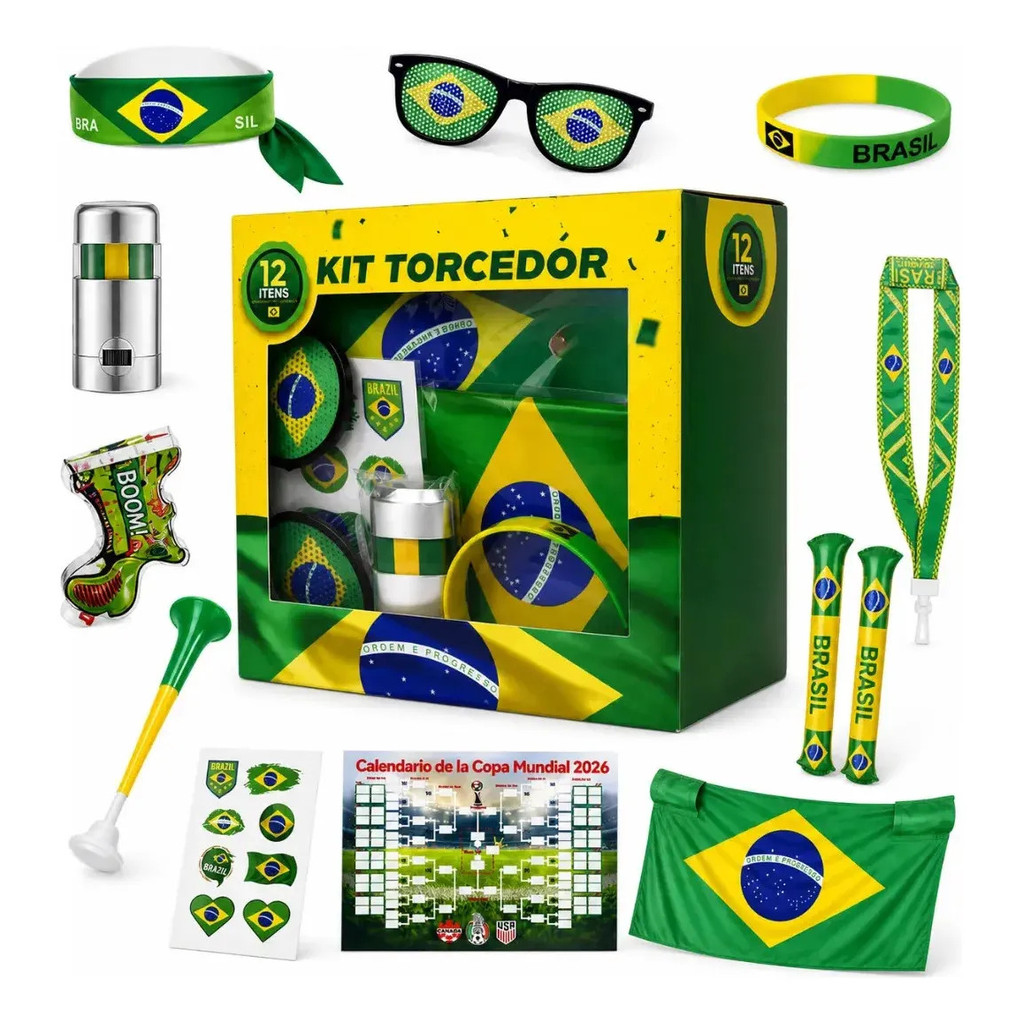 Kit Torcedor Copa Do Mundo Futebol Brasil Com 12 Peças E 100 PACOTES DE FIGURINHA