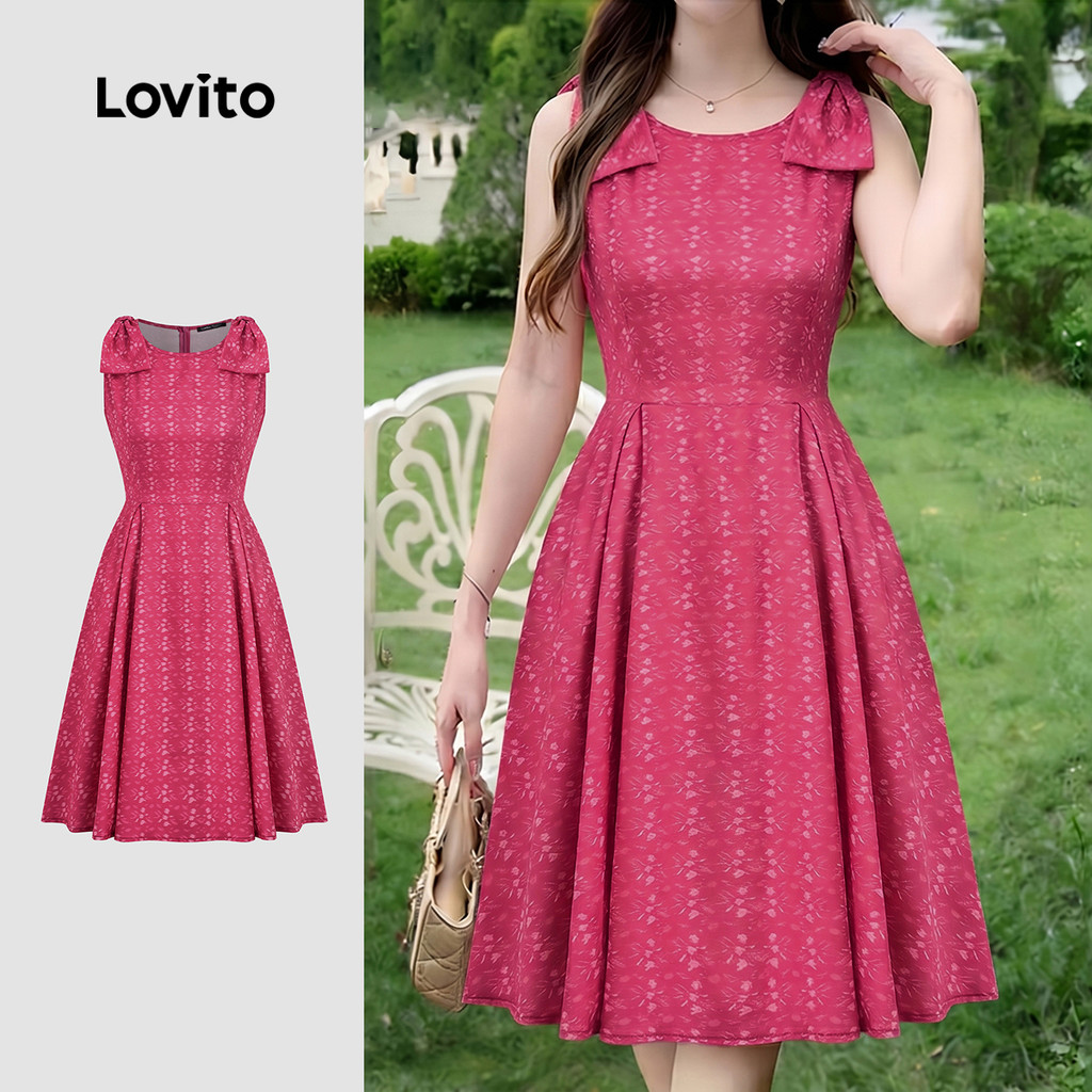 Lovito Vestido Boho com Laço e Zíper Primavera/verão Vermelho Rosado para Mulher
