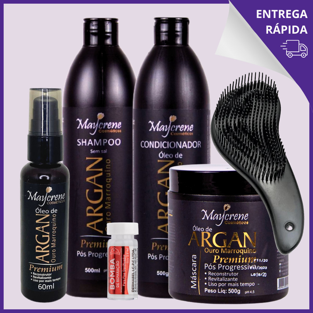 Pós Progressiva Argan Premium 500ml + Óleo + Escova  Liso Perfeito e Brilhante Maciez