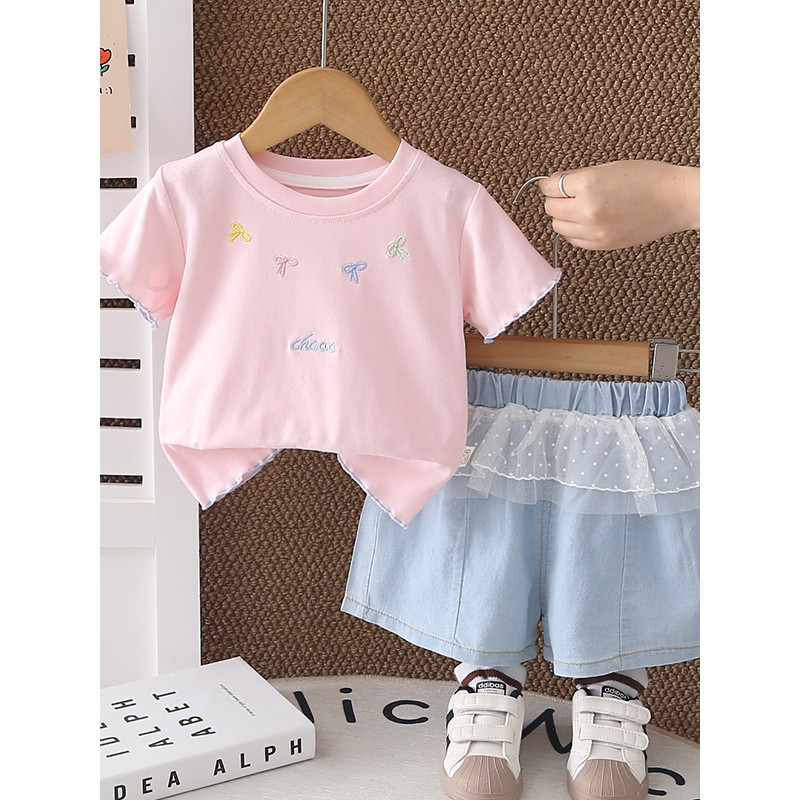 Meninas roupas de verão moda arco de manga curta terno de duas peças bebê verão Casual crianças roupas do bebê crianças
