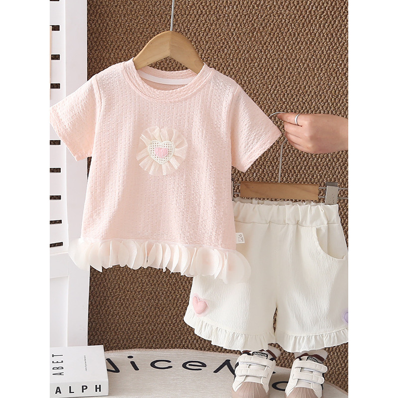 Meninas verão estilo ocidental amor manga curta terno de duas peças bebê verão moda simples bebê crianças roupas na moda