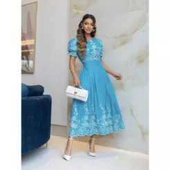 Vestido midi Luxo lese elegante bordado com botao manga curta
