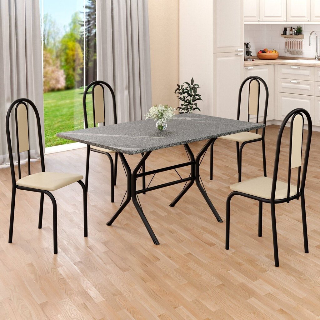Conjunto Sala de Jantar Mesa Retangular 120x75cm Tampo Granito Topázio 4 Cadeiras Linda Yescasa Preto/Creme/Fosco