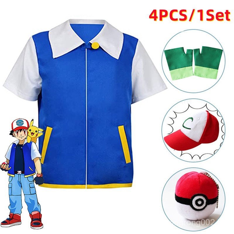 Fantasia de Cosplay do Ash Ketchum de Pokémon para Adultos e Crianças, Conjunto de Luvas, Chapéu e Moletom de Treinador