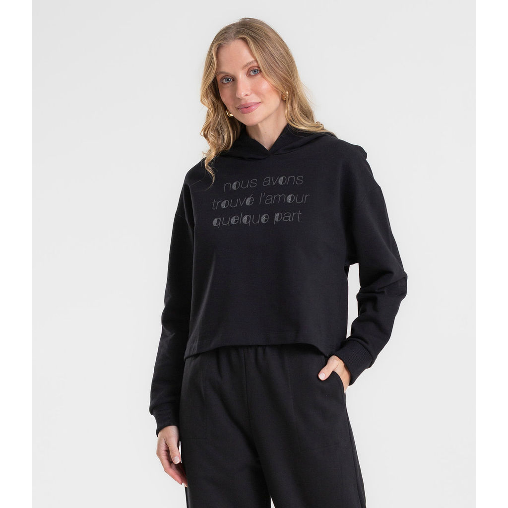 Blusão Cropped Feminino Com Capuz Rovitex Preto