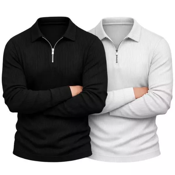 Camisa Polo de Manga Longa Canelada com Zíper Malha Súeter — imagem 1