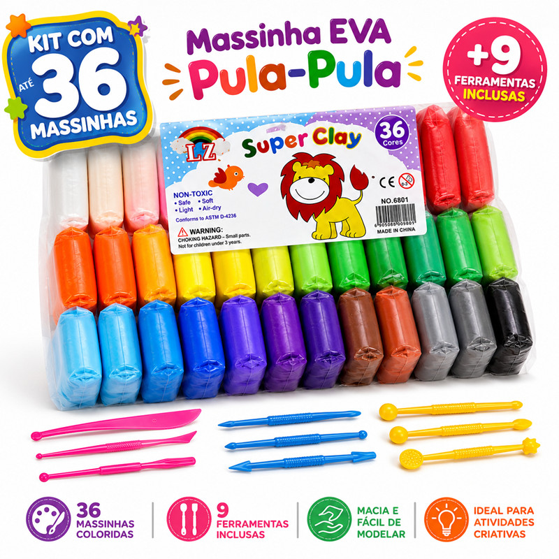 12 a 36 Massinha Argila Pula Pula de E.V.A Super Leve + 3 Ferramentas Brinde Brinquedos Educativos