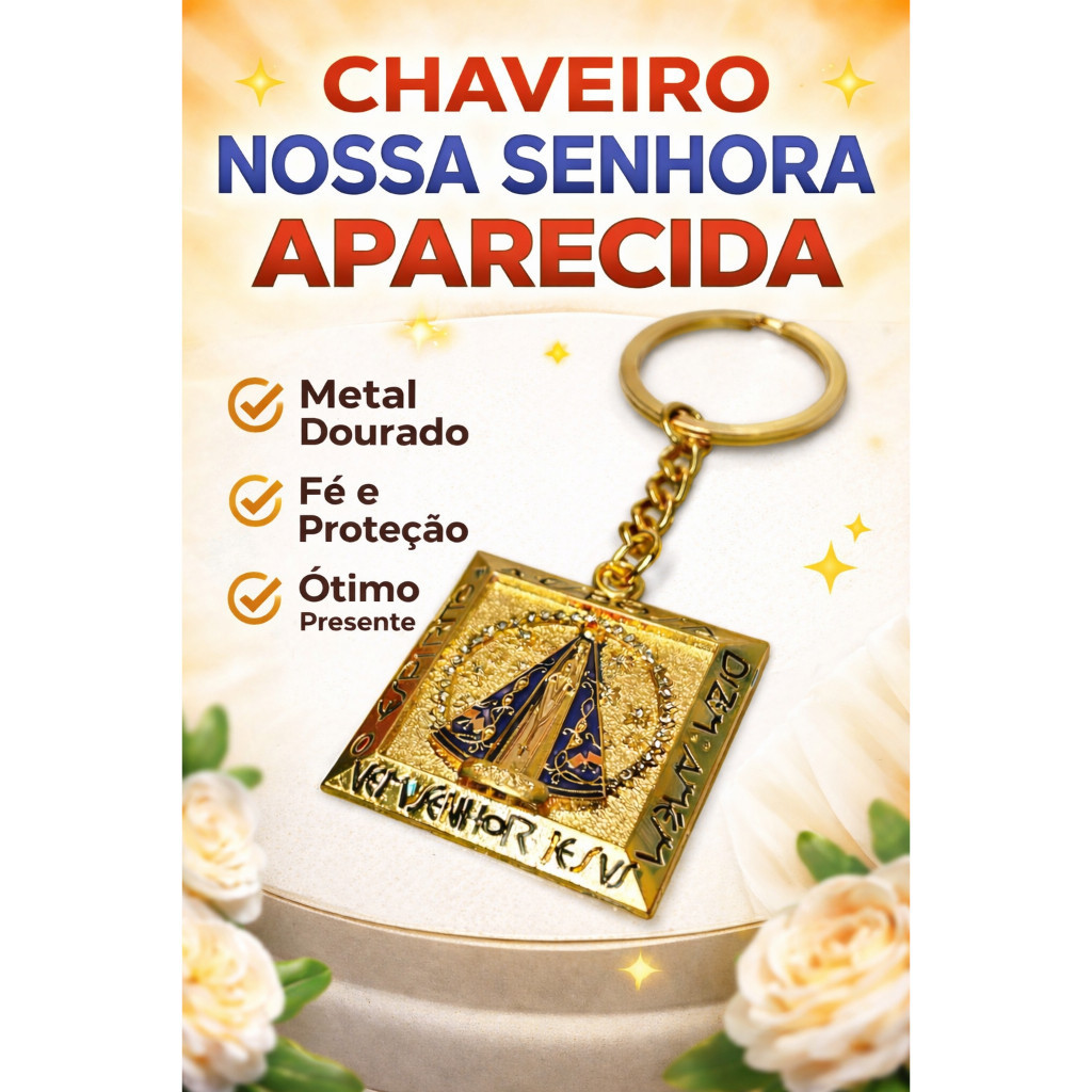 Chaveiro Religioso Dourado Nossa Senhora Aparecida | Católico | Metal Resistente | Presente de Fé |Envio Imediato