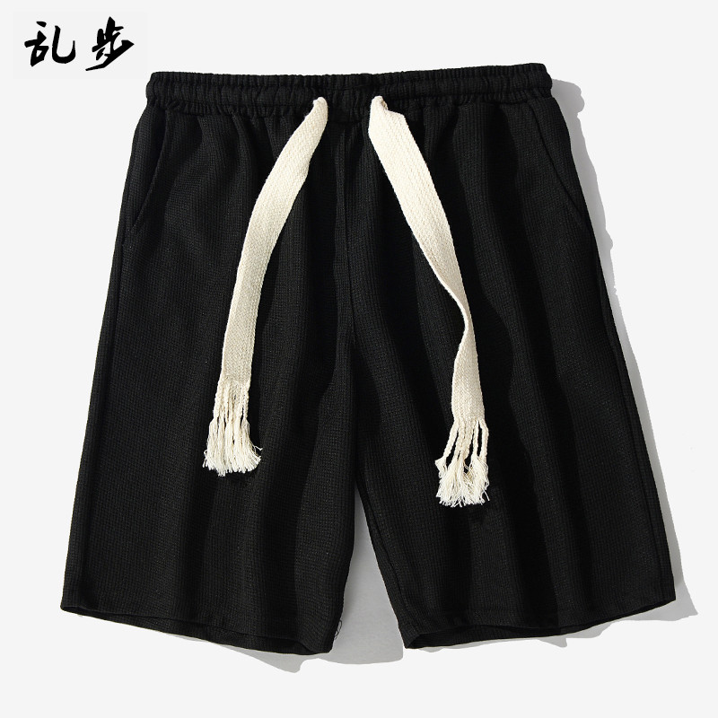 Japonês simples Commuter cor sólida cordão esportes Shorts masculino street Wear rua solta calças de cinco pontos Waffle