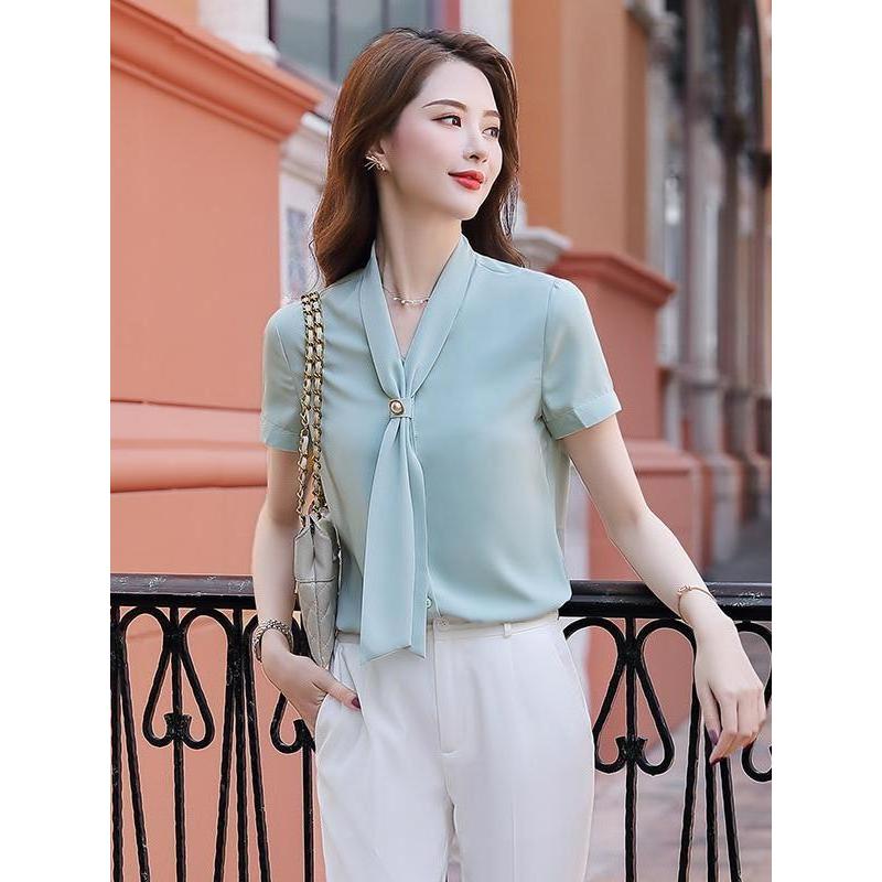 2026 verão novo estilo moda Chiffon camisa feminina Streamer colarinho camisa de manga curta moda nicho camisa branca fe