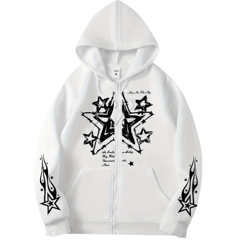 Zíper Oversized Estampa Estrelas Streetwear Moletom Flanelado Estiloso