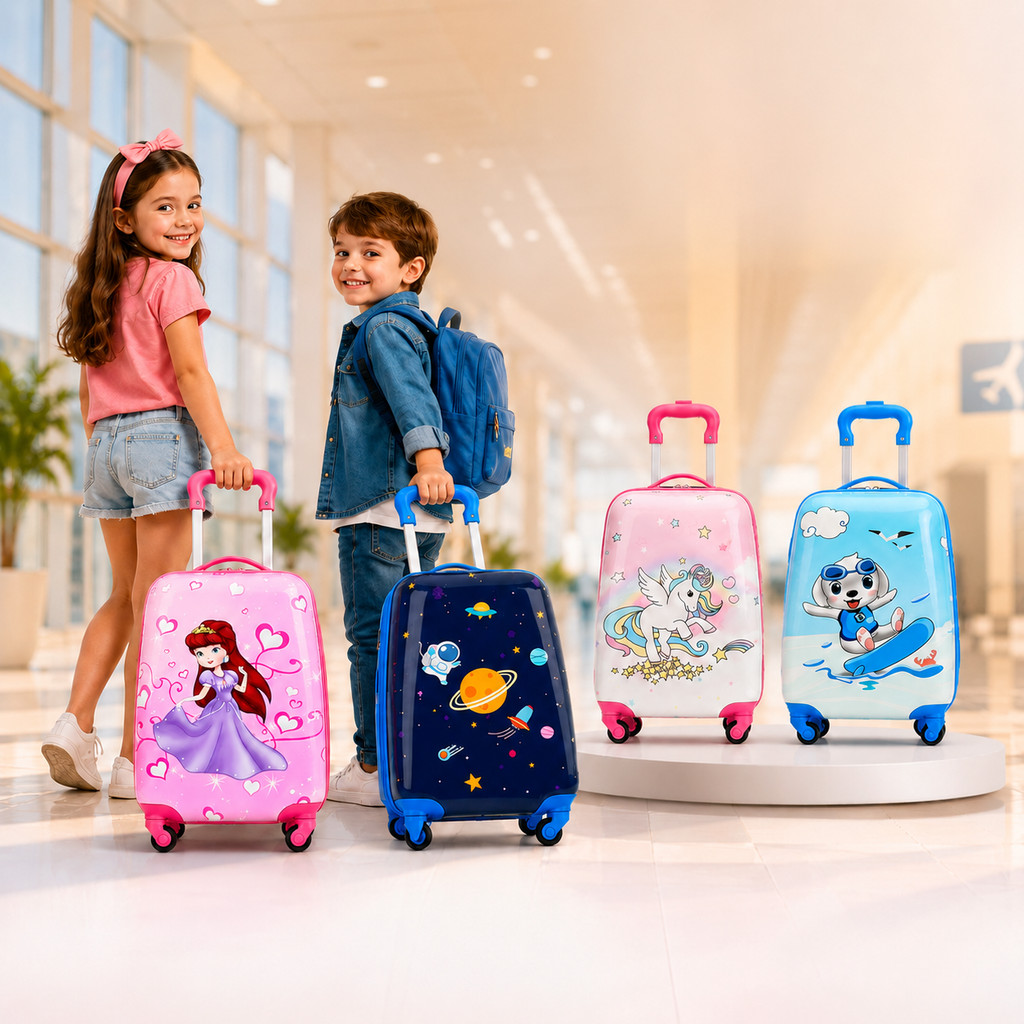 Mala Infantil de Bordo Rosa 4 Rodinhas 360° com Puxador Retrátil para Criança Mala de viagem