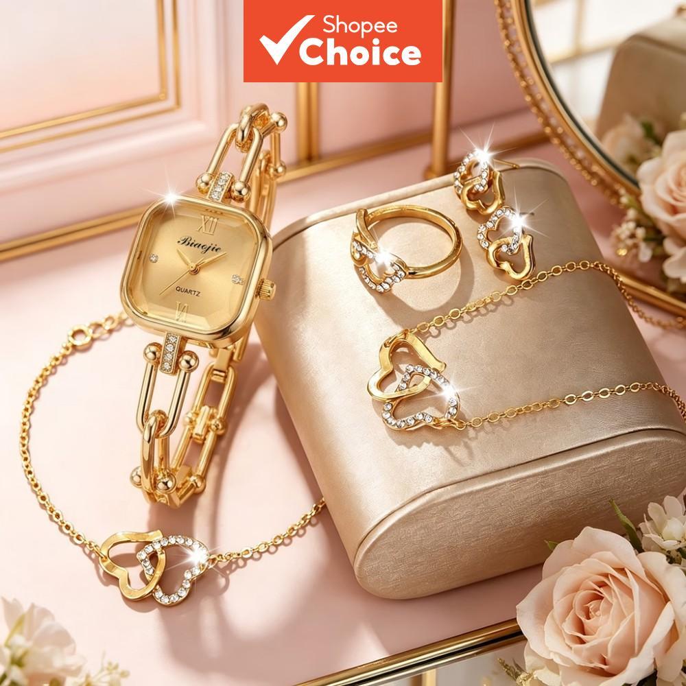 Conjunto de Joias Feminino com Relógio Dourado 5 peças - Relógio de Quartzo com Mostrador Quadrado, Cravejado de Strass,