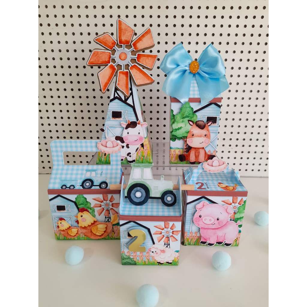 Kit Festa Fazendinha Azul Menino com Apliques 3D | Personalizados | Lembrancinhas | Caixinhas