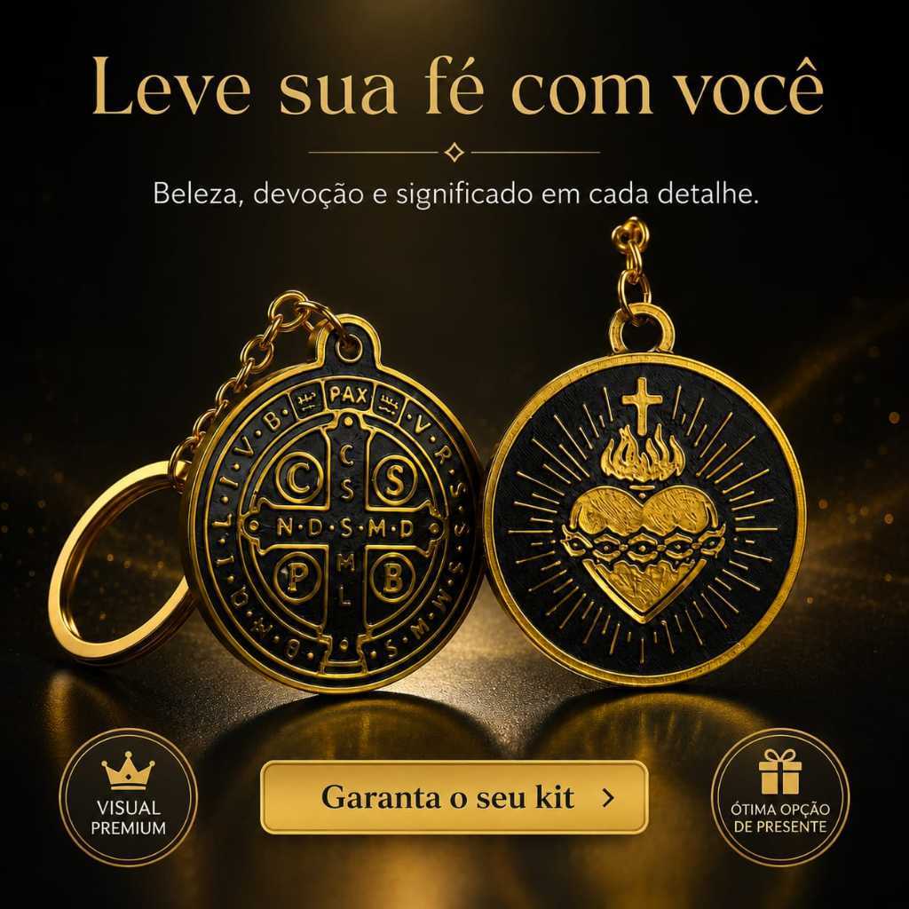 Kit 2 Chaveiros São Bento e Sagrado Coração | Proteção e Fé Presente Religioso Católico Dourado