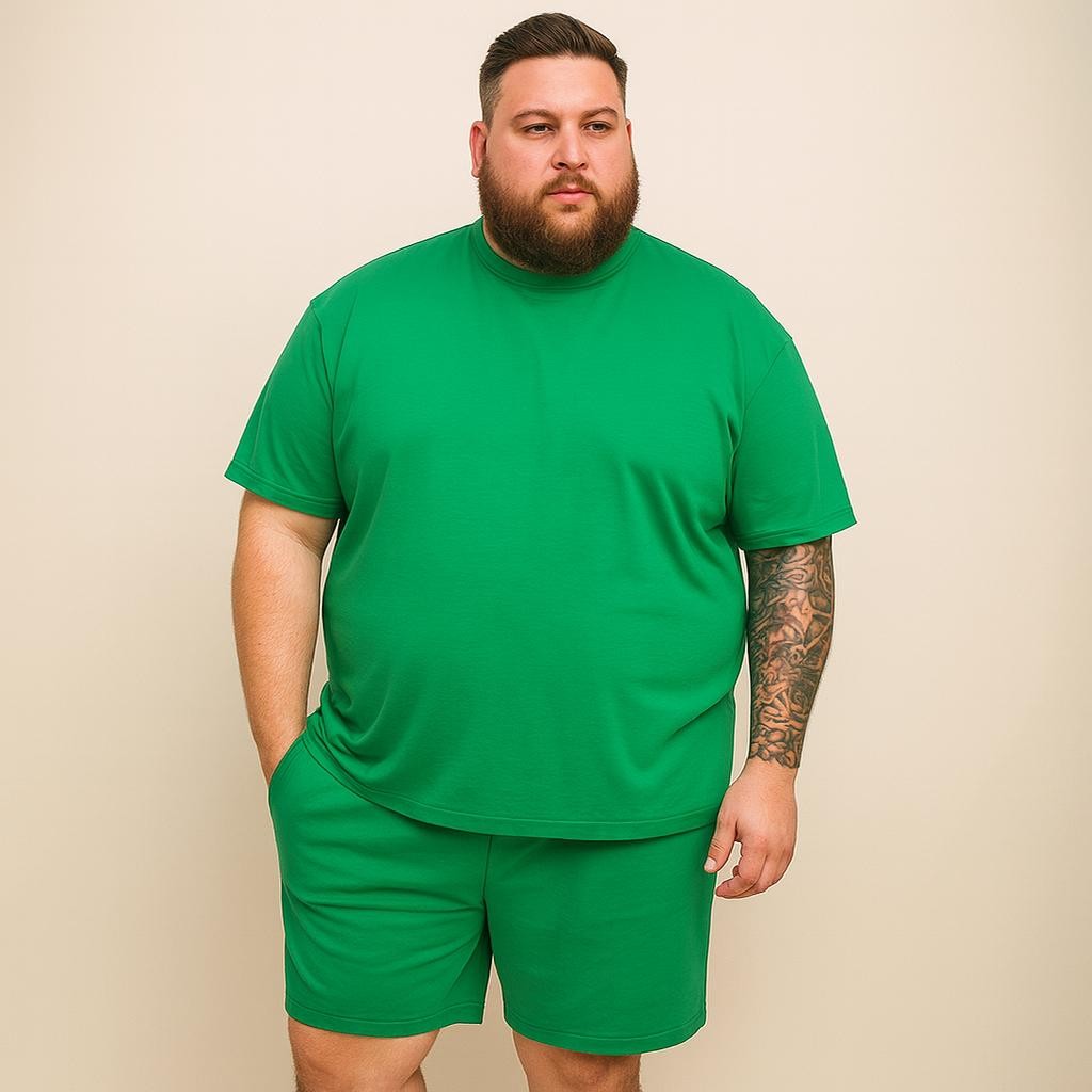 Conjunto masculino plus size manga curta com gola redonda com Bermuda basica curta plus size
