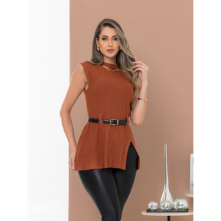 Blusa Regata Tricot Feminina com Fenda Lateral Elegante, Canelada, sem Manga com cinto em Oferta na Shopee