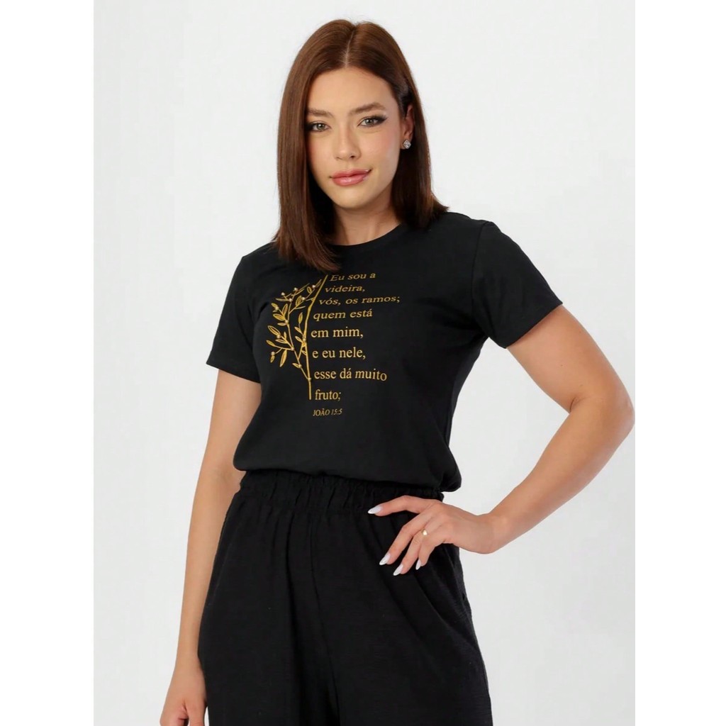 BLUSA FEMININA DE ALGODÃO EU SOU A VIDEIRA COM PÉROLAS