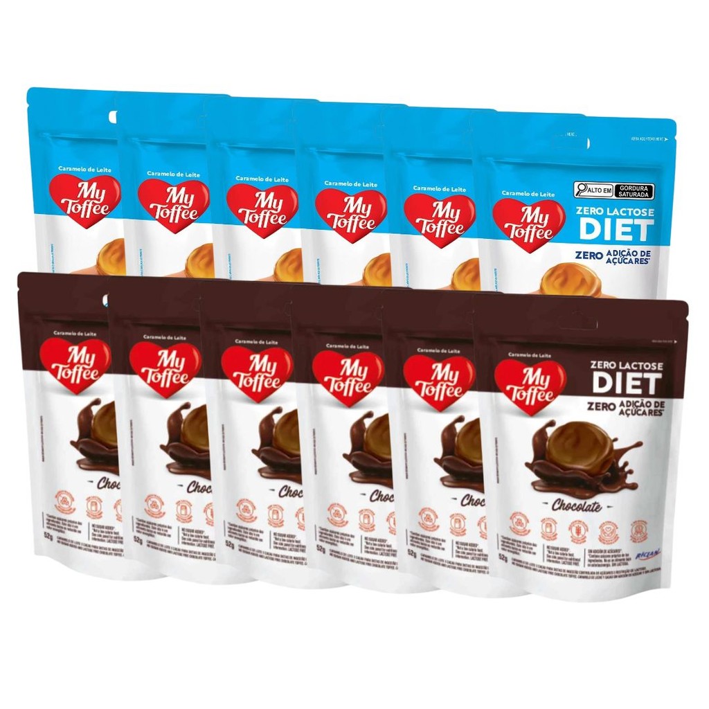 Bala Diet Zero Lactose Sabor Leite e Chocolate My Toffee 12 Pacotes de 52g