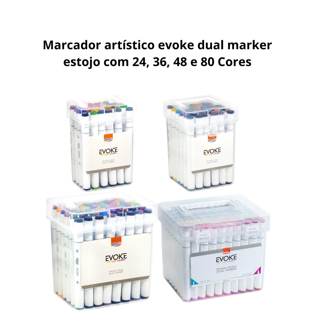 Marcador artístico evoke dual marker estojo com 24, 36, 48 e 80 Cores - BRW
