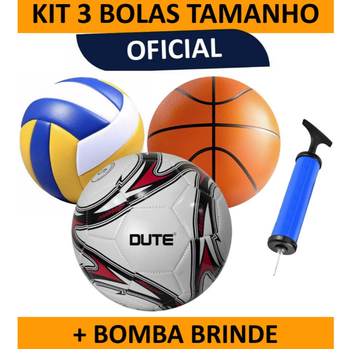 Kit Completo com 3 Bolas Oficiais (Futebol, Vôlei e Basquete) + Bomba de Ar Brinde