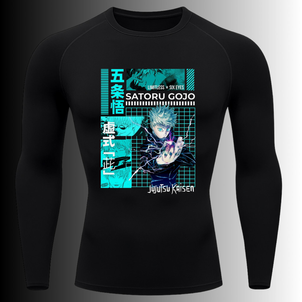 Camiseta Compressão Manga Longa Anime Jujutsu Kaisen Satoru Gojo Feitiço Azul Rash Guard
