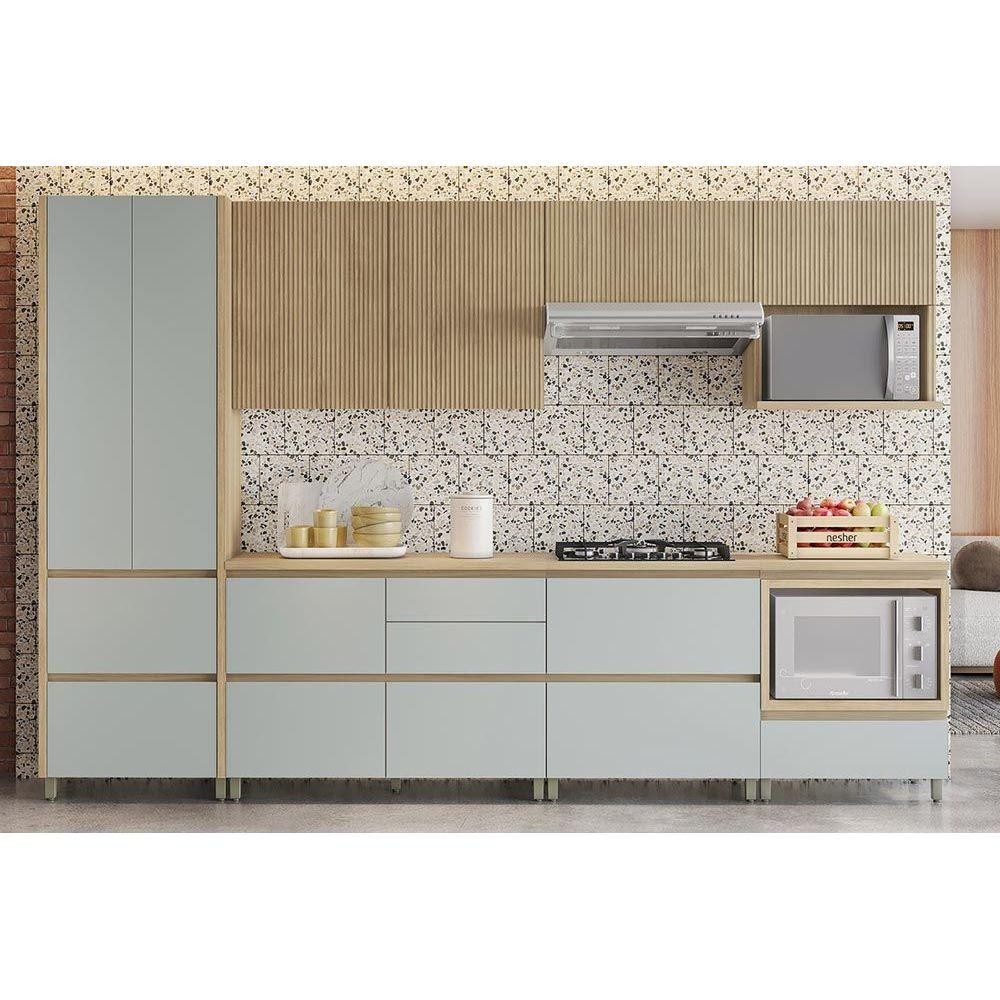 Cozinha Modulada Nesher Rainha Gourmet 7 Peças (3Aéreos+3Balcões+1Paneleiro) C6P38 Nature/Verde-Nesher em Oferta na Shopee