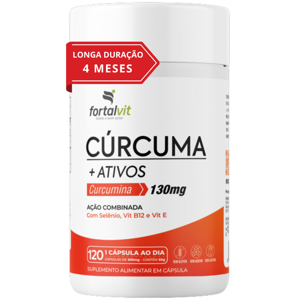 Cúrcuma +Ativos Longa Duração: 4 Meses de Uso, Curcumina, Vitamina E, Selênio e B12, 120 Cápsulas, Fortalvit