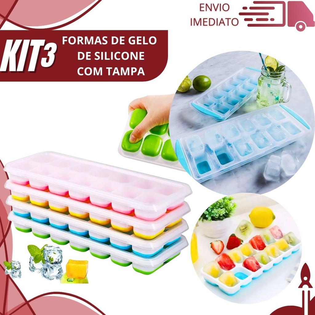 Kit 3/2/1 Forma de Gelo de Silicone com Tampa Higiênica e Fundo Flexível Fácil para Desenformar