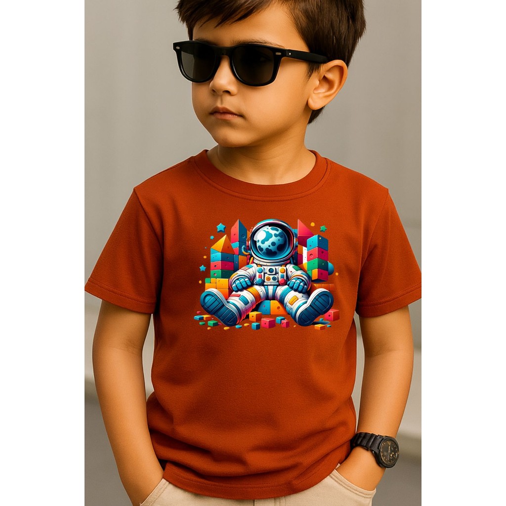 Camiseta Infantil Astronauta Espaço Universo Estampa Colorida Algodão Menino Confortável