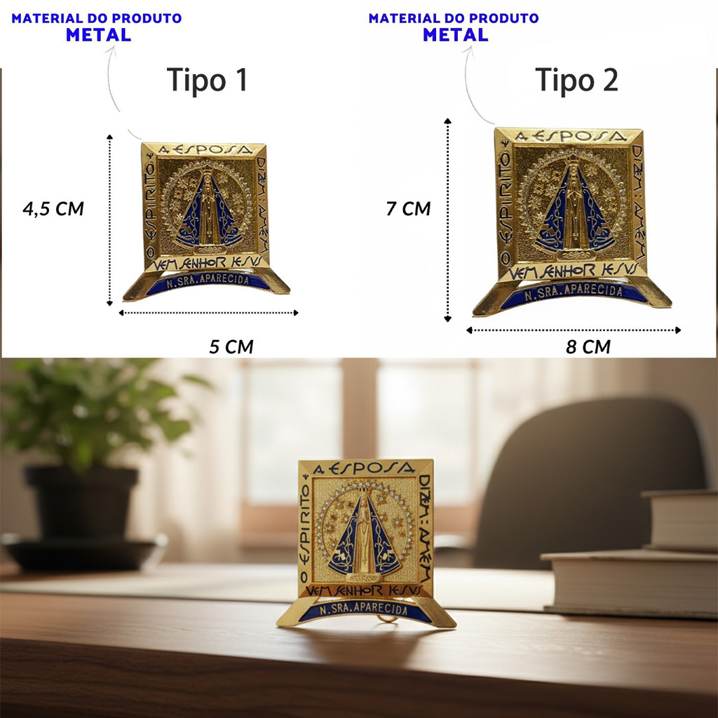 Nicho de Metal Nossa Senhora Aparecida com Strass – 2 Tamanhos (4,5x5cm ou 7x8cm) – Enfeite Religioso e Decorativo