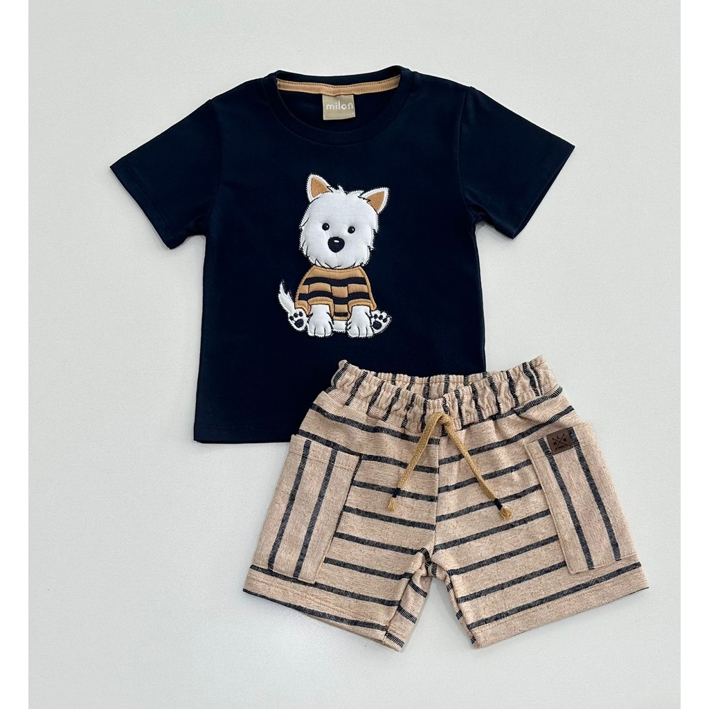 Conjunto Infantil Milon Camiseta Azul Bordado Cachorro e Bermuda Bege Listrada