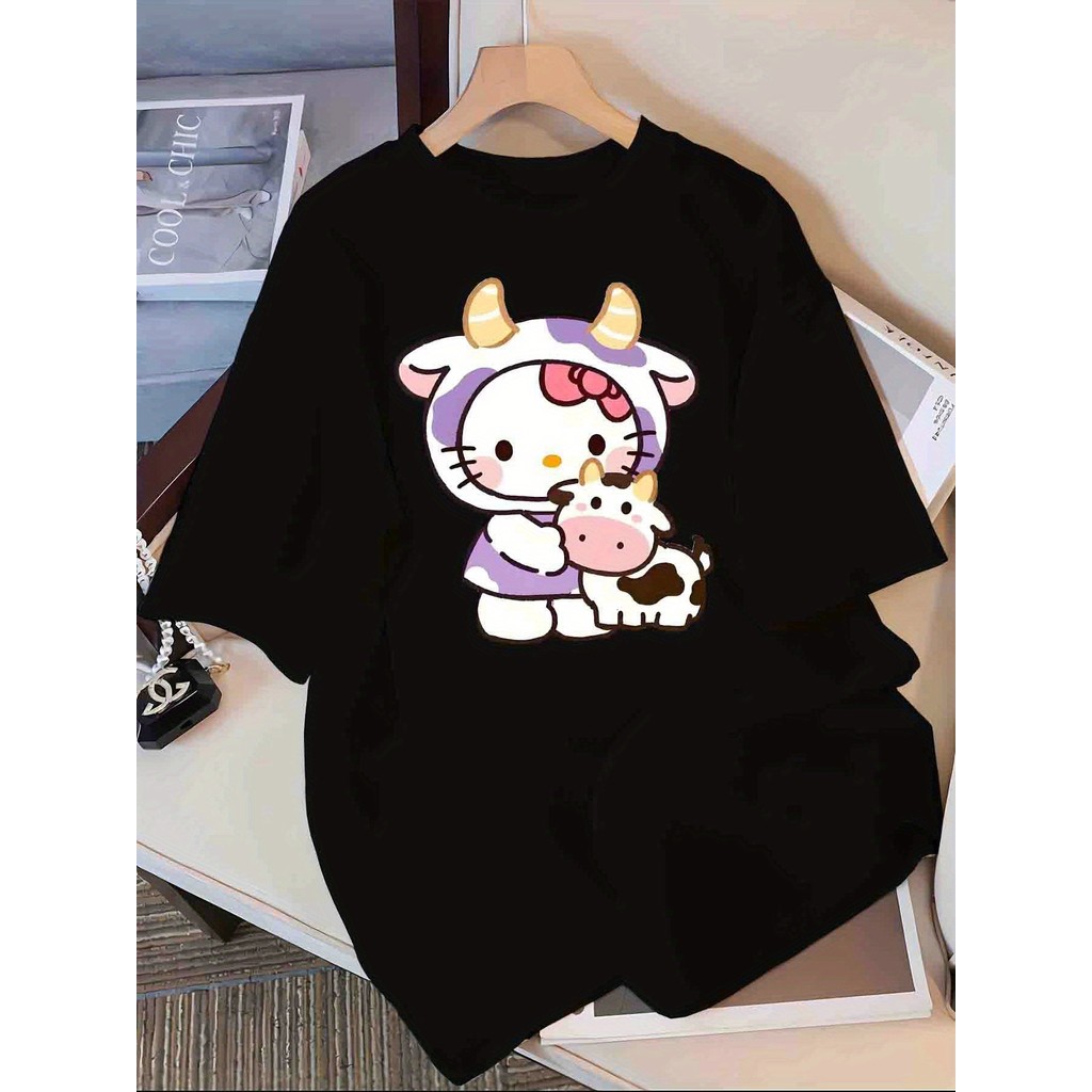 Camiseta Feminina Plus Size Camiseta Hello Kitty Vaca Estampada Unissex Shirt Oversized 100% Algodão