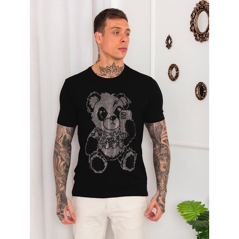 [Camiseta Premium em Algodão Puro]GXG Nova marca da moda camiseta de manga curta para homens com diamantes com pedraria
