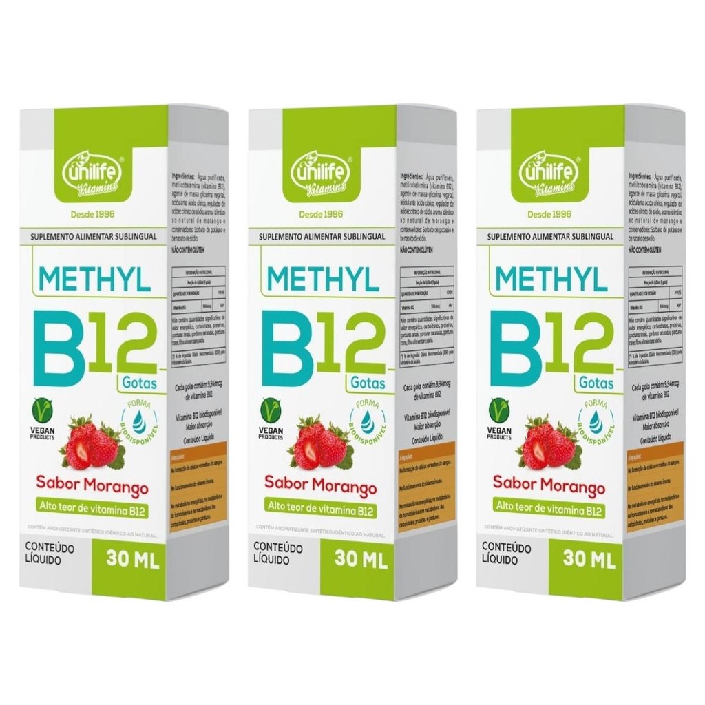 3Un Líquido Methyl Vitamina B12 Sabor Morango De 30ml Cada