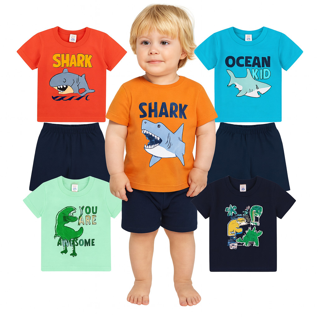 Kit 6 Peças Sortidos de Roupas Infantil Menino Verão - Kit 3 Camisetas + 3 Bermudas - Kit com 3 Conjuntos