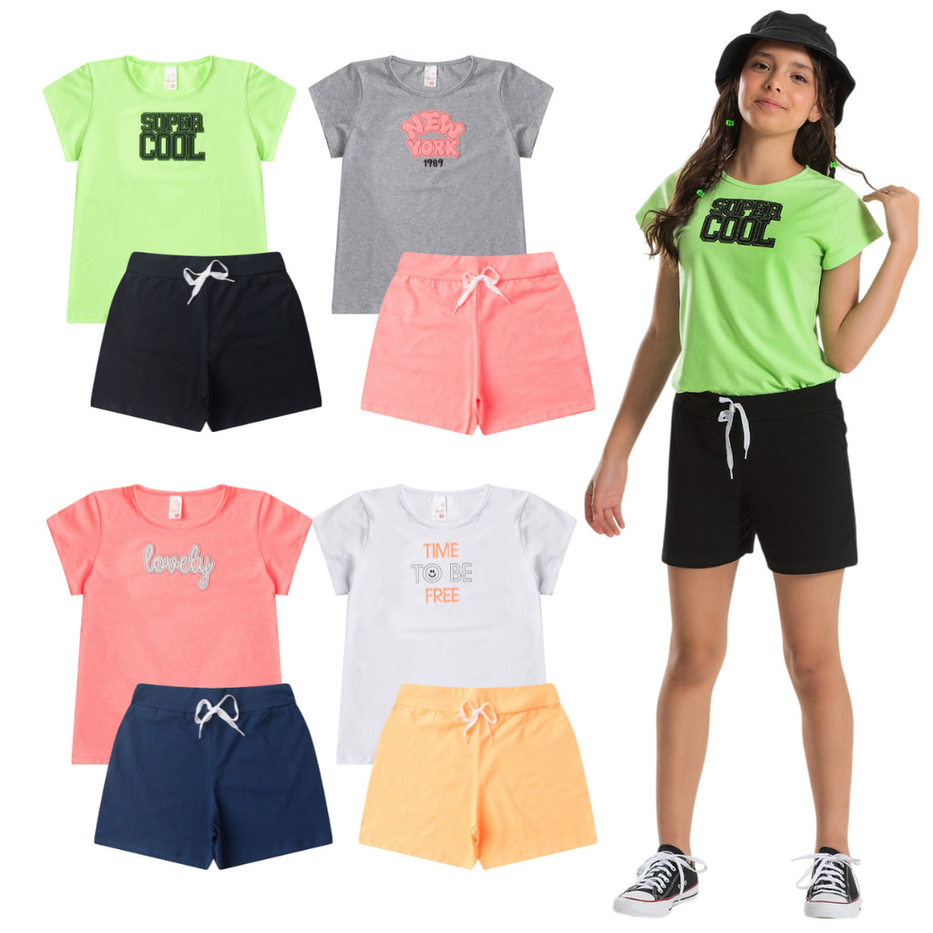 Kit 4 Peças 2 Conjuntos Infantil Juvenil Menina 2 Camiseta e 2 Short Cotton Verão Feminino 10 ao 16