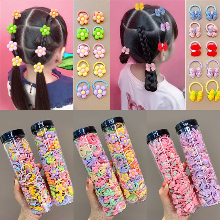 Acessórios de Cabelo Infantis – Pote com 50 ou 100 Elásticos Coloridos e Fofos p/ Bebês e Meninas Laços Flores Lacinhos
