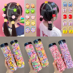 Acessórios de Cabelo Infantis – Pote com 50 ou 100 Elásticos Coloridos e Fofos p/ Bebês e Meninas Laços Flores Lacinhos