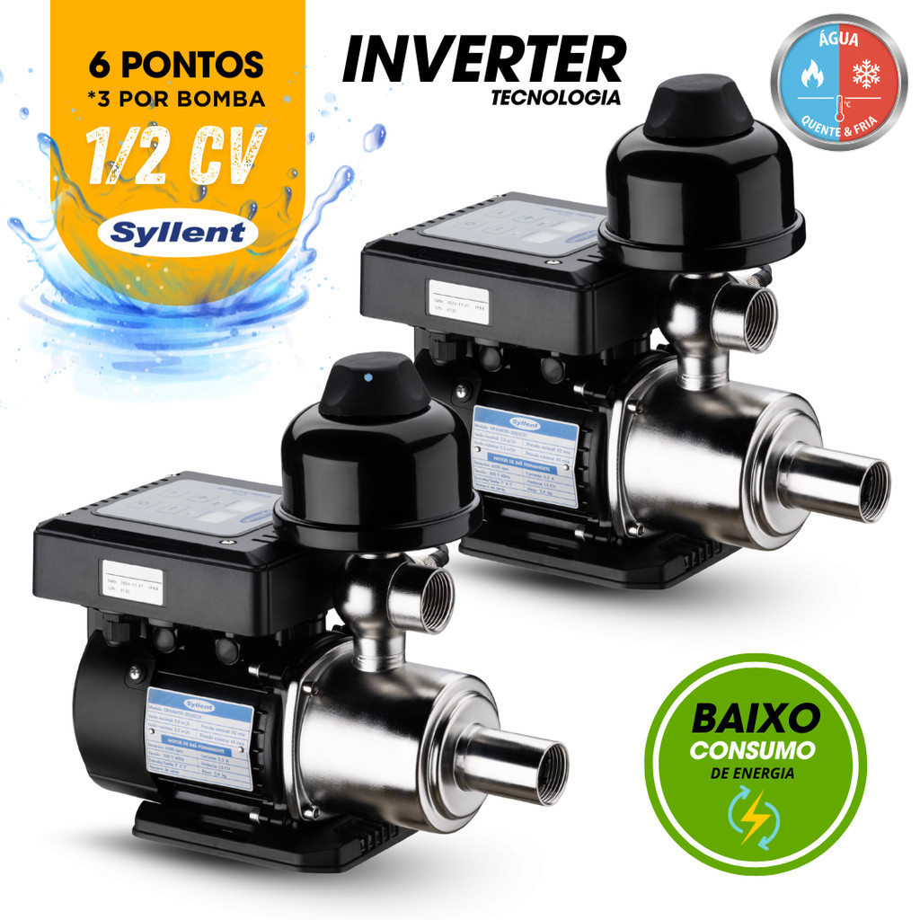 Kit 2 Bomba Pressurizador De Agua 1/2 220v Inverter Press Agua Quente e Fria Syllent 6 Pontos