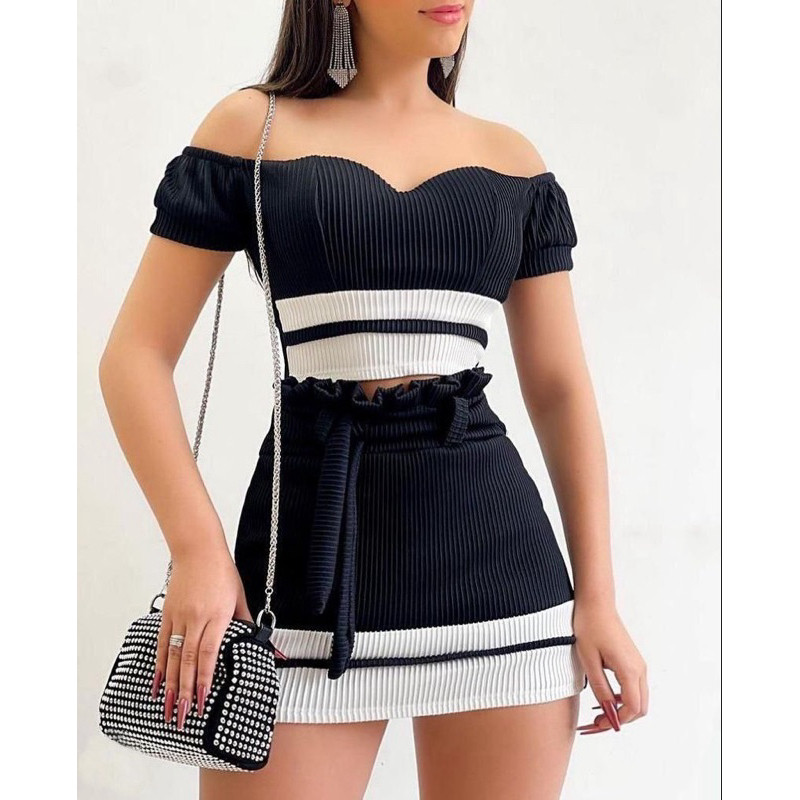 Conjunto 3D luxo Croped e short saia canelado premium em Oferta na Shopee