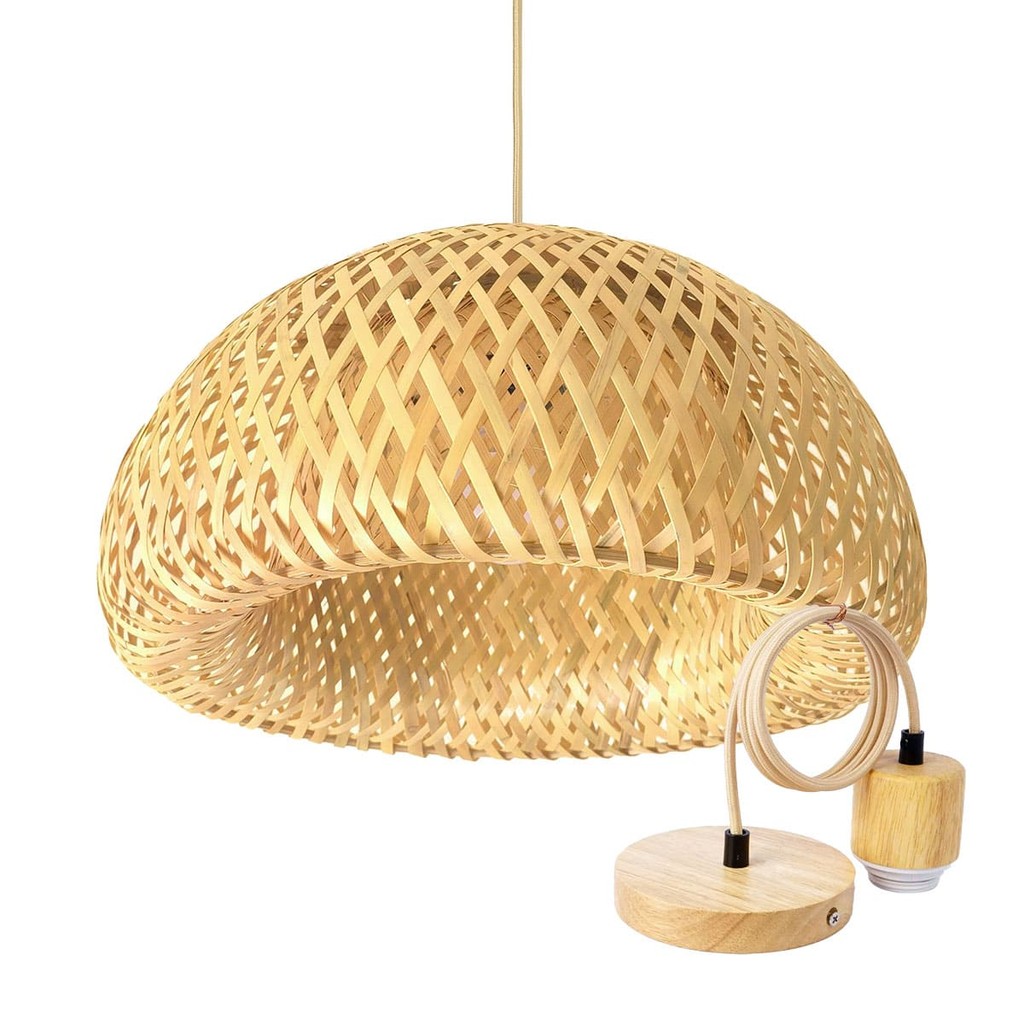 Luminária de Teto Lustre Pendente Bambu Rattan Luzza Malibu 35 com Canopla Madeira Sala Copa