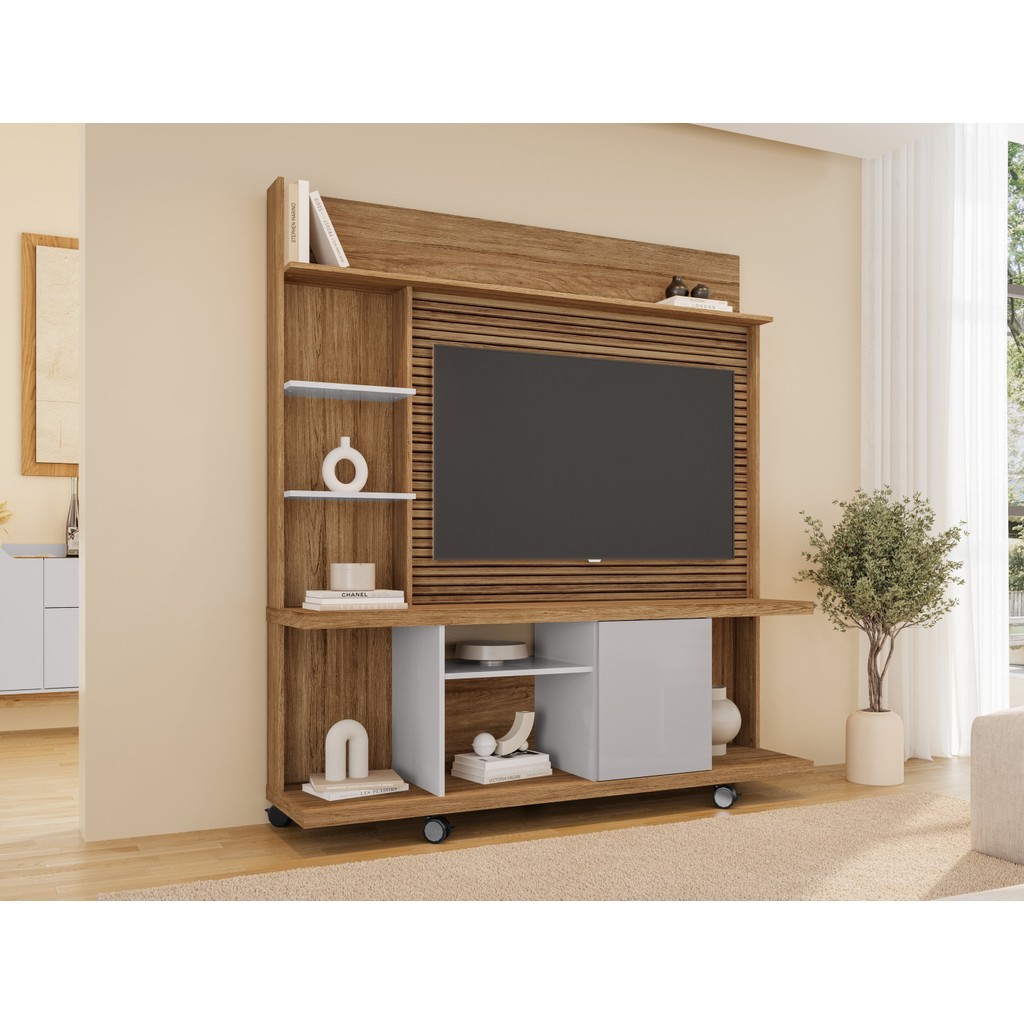 Estante Home para Tv até 47 Polegadas 1 Porta Basculante Taurus Cinamomo/Off White/Ripado em Oferta na Shopee