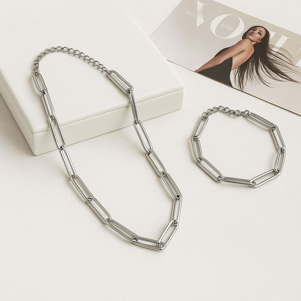 Conjunto Colar e Pulseira semi joia verniz italiano prata