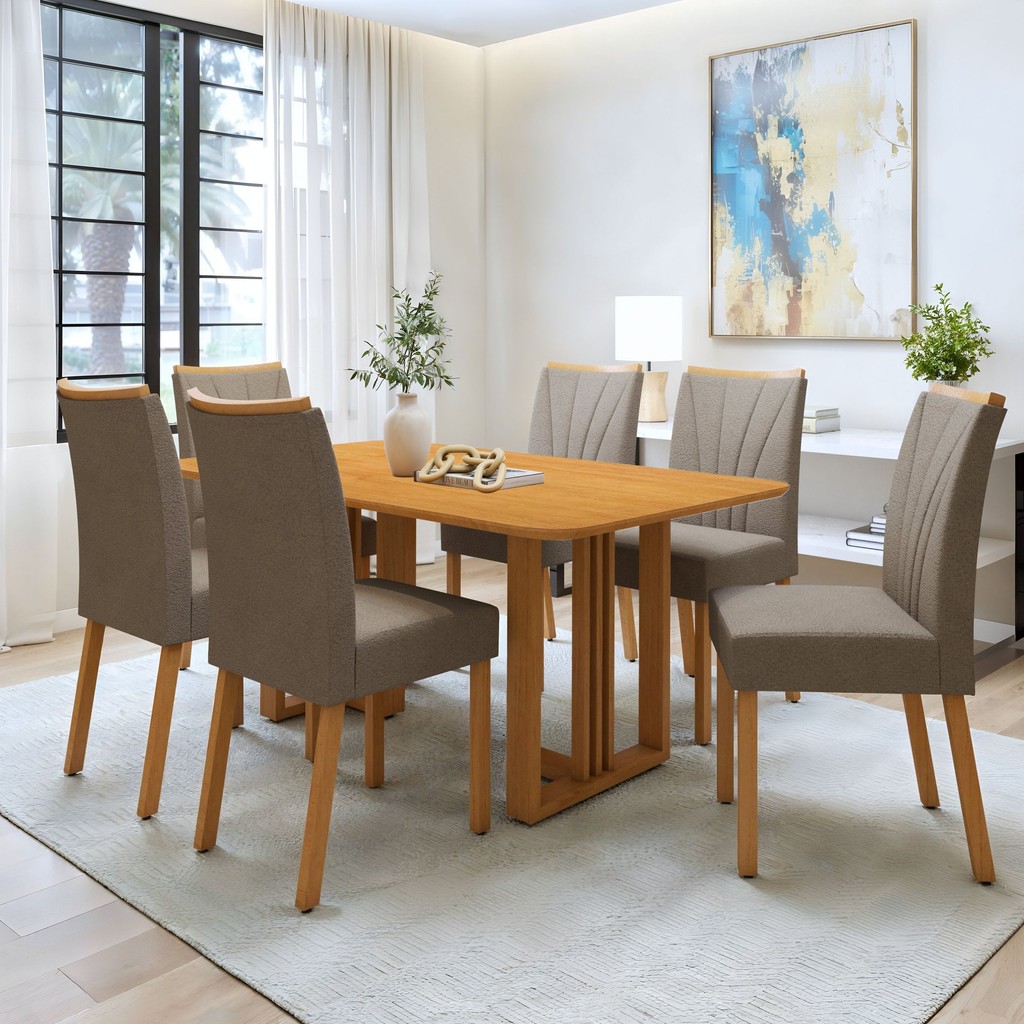 Conjunto Sala de Jantar 6 Lugares Retangular Tampo MDF Mesa Bold com Cadeiras Pés Madeira Jade Amêndoa Clean/ Animale