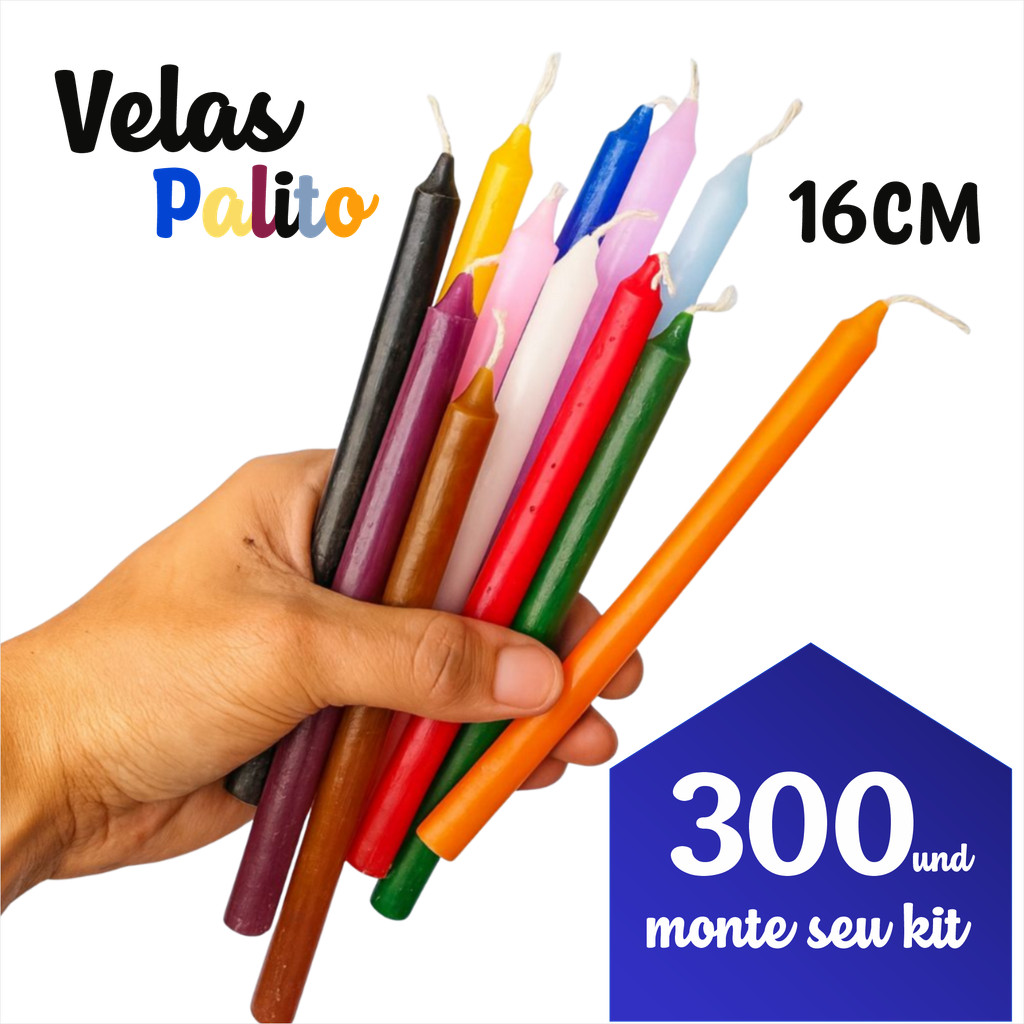 Vela Palito Coloridas  - Kit com 300 Unidades  - Parafina Pura - Atacado