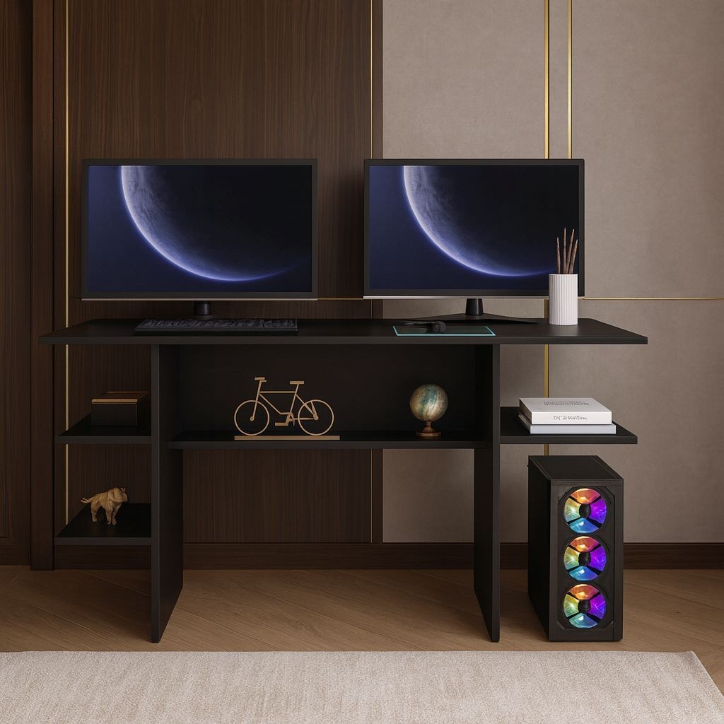 Escrivaninha Mesa para Computador Gamer com Nichos Quarto Estudo Escritório Home Office - Cor Preto